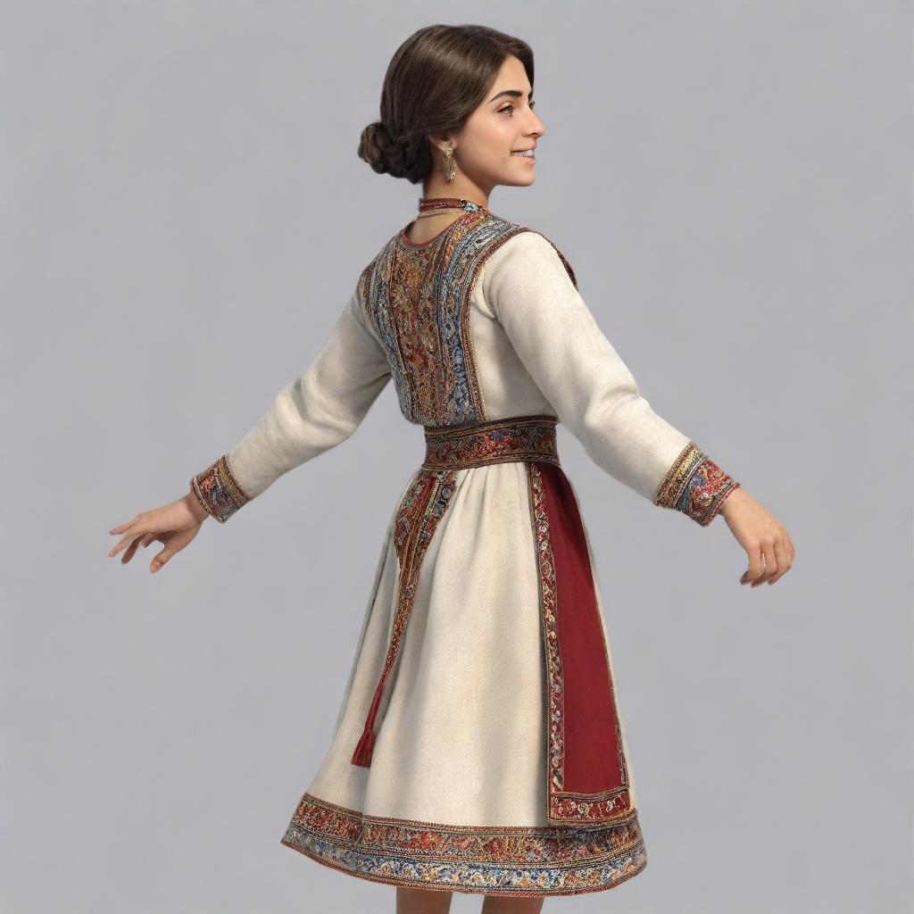 A 16-year-old animated Armenian girl with traditional clothing and short hair, viewed from behind, dashing forward with youthful exuberance.