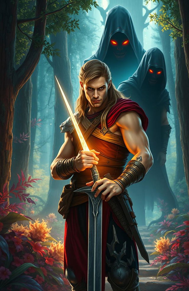 A scene depicting the warrior Aric standing confidently in a mystical, enchanted forest filled with ethereal light and vibrant foliage