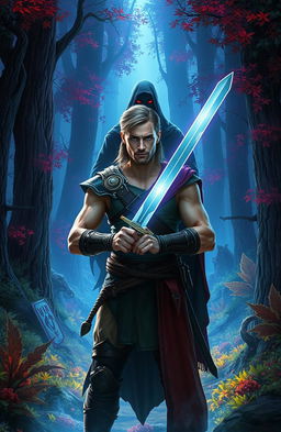 A scene depicting the warrior Aric standing confidently in a mystical, enchanted forest filled with ethereal light and vibrant foliage