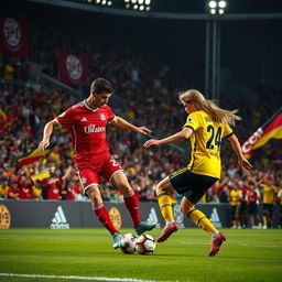 A dramatic football match scene between Bayern Munich and Borussia Dortmund, set in a vibrant stadium filled with enthusiastic fans wearing the teams' colors