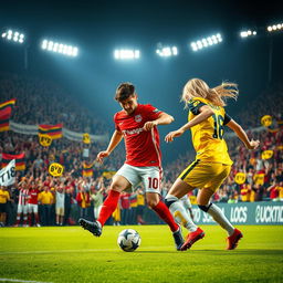 A dramatic football match scene between Bayern Munich and Borussia Dortmund, set in a vibrant stadium filled with enthusiastic fans wearing the teams' colors