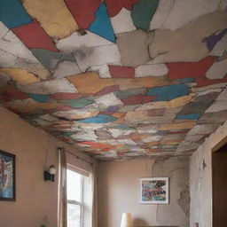 Using a blend of comic book art and line art, filled with rich and natural colors, depict a menacingly cracked ceiling teetering on the brink of collapse