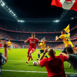 A dramatic football match scene between Bayern Munich and Borussia Dortmund, set in a vibrant stadium filled with enthusiastic fans wearing the teams' colors