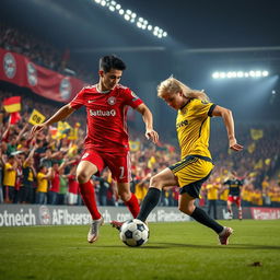 A dramatic football match scene between Bayern Munich and Borussia Dortmund, set in a vibrant stadium filled with enthusiastic fans wearing the teams' colors