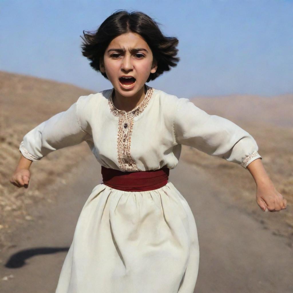 A 16-year-old animated Armenian girl with short hair and traditional clothing, viewed from behind, running scared with wide eyes and flailing arms.