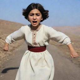 A 16-year-old animated Armenian girl with short hair and traditional clothing, viewed from behind, running scared with wide eyes and flailing arms.