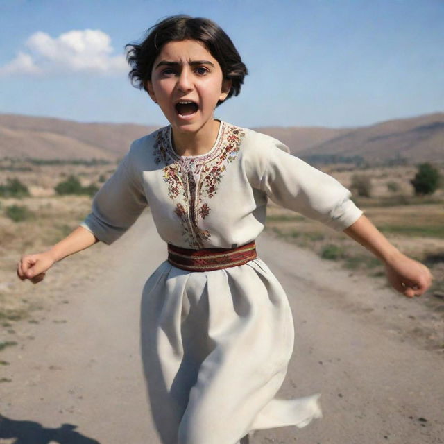 A 16-year-old animated Armenian girl with short hair and traditional clothing, viewed from behind, running scared with wide eyes and flailing arms.