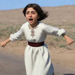 A 16-year-old animated Armenian girl with short hair and traditional clothing, viewed from behind, running scared with wide eyes and flailing arms.