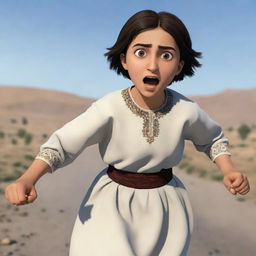 A 16-year-old animated Armenian girl with short hair and traditional clothing, viewed from behind, running scared with wide eyes and flailing arms.