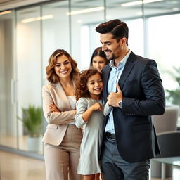 A scene in a modern office setting featuring a beautiful Spanish woman with an attractive appearance and medium length wavy hair wearing professional office attire