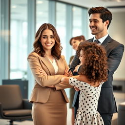 A scene in a modern office setting featuring a beautiful Spanish woman with an attractive appearance and medium length wavy hair wearing professional office attire