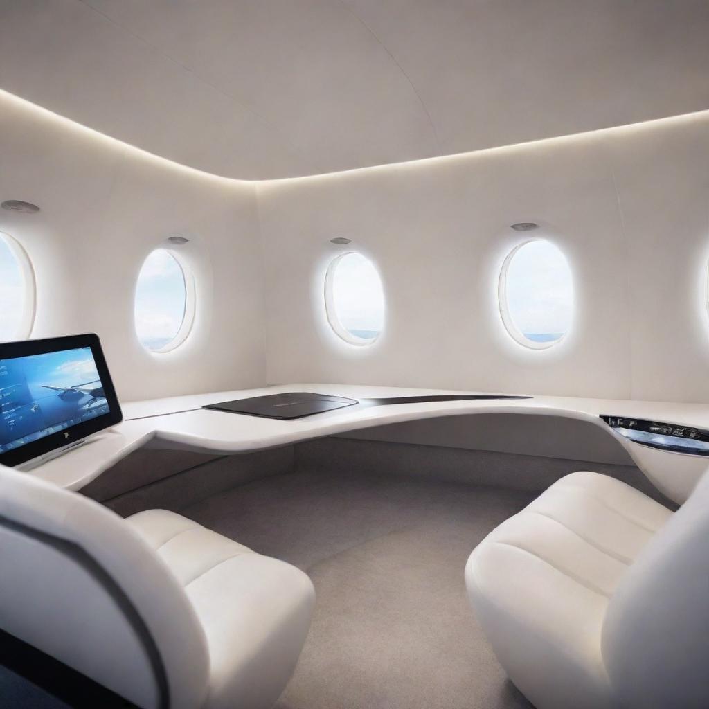 Futuristic airplanes from 100 years in the future. These aircrafts are sleek, eco-friendly, powered by renewable energy, and capable of supersonic speeds. The interior boasts spacious, luxurious cabins with advanced technology for a comfortable journey.