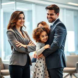 A scene in a modern office setting featuring a beautiful Spanish woman with an attractive appearance and medium length wavy hair wearing professional office attire