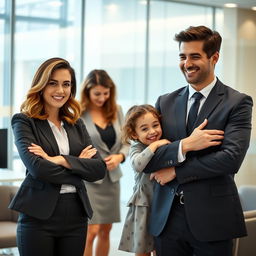 A scene in a modern office setting featuring a beautiful Spanish woman with an attractive appearance and medium length wavy hair wearing professional office attire