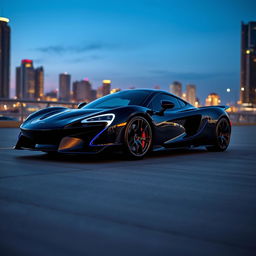 A sleek black McLaren-style sports car featuring an electric royal blue line that runs along both sides, showcasing a dynamic and modern design