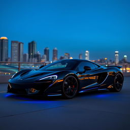 A sleek black McLaren-style sports car featuring an electric royal blue line that runs along both sides, showcasing a dynamic and modern design