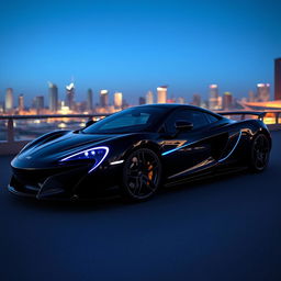 A sleek black McLaren-style sports car featuring an electric royal blue line that runs along both sides, showcasing a dynamic and modern design