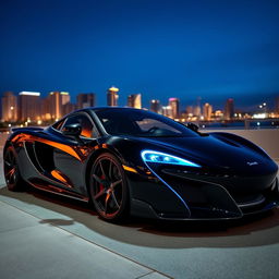 A sleek black McLaren-style sports car featuring an electric royal blue line that runs along both sides, showcasing a dynamic and modern design