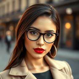 A portrait of a stylish woman wearing glasses, with a beautiful mix of features