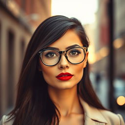 A portrait of a stylish woman wearing glasses, with a beautiful mix of features