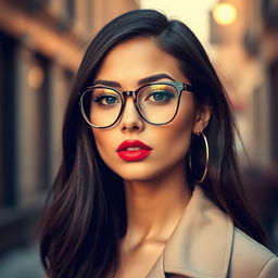 A portrait of a stylish woman wearing glasses, with a beautiful mix of features