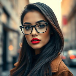 A portrait of a stylish woman wearing glasses, with a beautiful mix of features