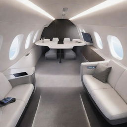 Futuristic airplanes from 100 years in the future. These aircrafts are sleek, eco-friendly, powered by renewable energy, and capable of supersonic speeds. The interior boasts spacious, luxurious cabins with advanced technology for a comfortable journey.