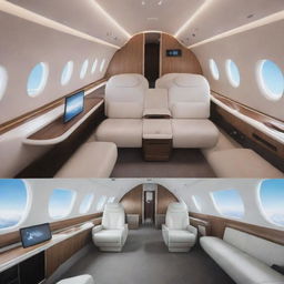 Futuristic airplanes from 100 years in the future. These aircrafts are sleek, eco-friendly, powered by renewable energy, and capable of supersonic speeds. The interior boasts spacious, luxurious cabins with advanced technology for a comfortable journey.