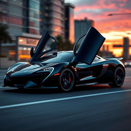 A sleek, black McLaren-style car with an electric royal blue line running smoothly across the doors on both sides, highlighting its aerodynamic design