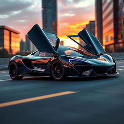 A sleek, black McLaren-style car with an electric royal blue line running smoothly across the doors on both sides, highlighting its aerodynamic design