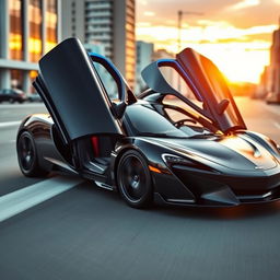 A sleek, black McLaren-style car with an electric royal blue line running smoothly across the doors on both sides, highlighting its aerodynamic design