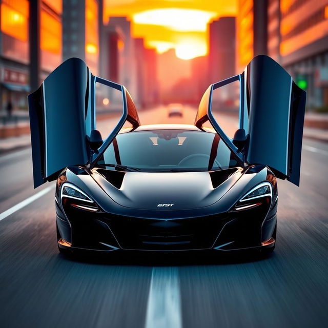 A sleek, black McLaren-style car with an electric royal blue line running smoothly across the doors on both sides, highlighting its aerodynamic design