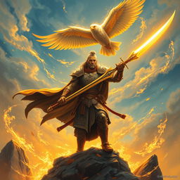 A legendary warrior masterfully wielding a shining sword, surrounded by swirling winds and a giant majestic bird soaring above