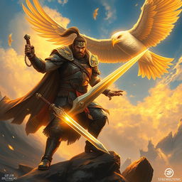 A legendary warrior masterfully wielding a shining sword, surrounded by swirling winds and a giant majestic bird soaring above