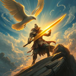 A legendary warrior masterfully wielding a shining sword, surrounded by swirling winds and a giant majestic bird soaring above