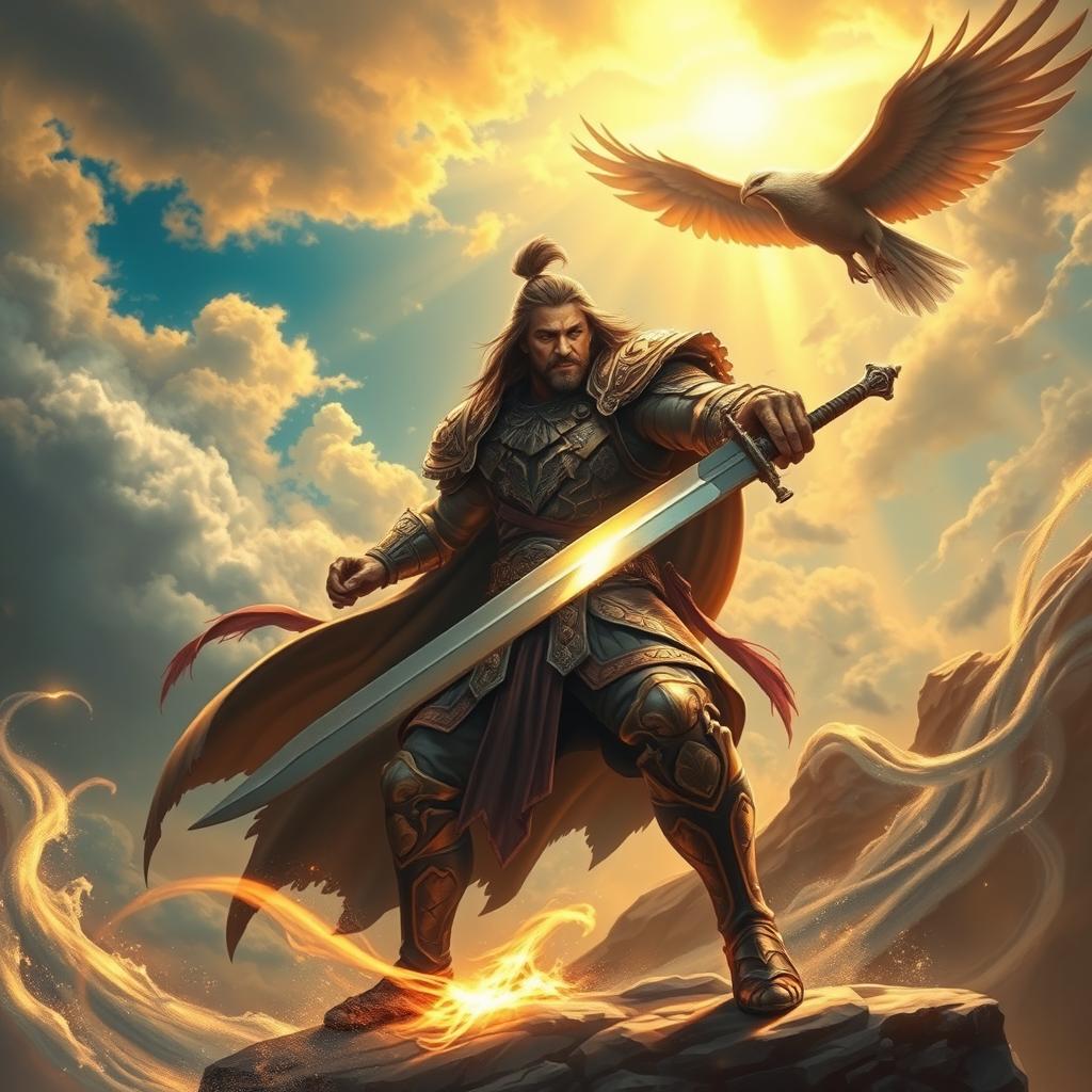 A legendary warrior masterfully wielding a shining sword, surrounded by swirling winds and a giant majestic bird soaring above