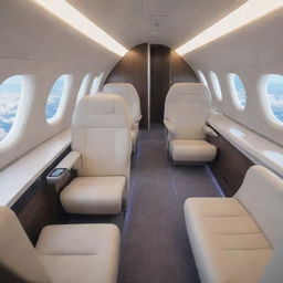 Futuristic airplanes from 100 years in the future. These aircrafts are sleek, eco-friendly, powered by renewable energy, and capable of supersonic speeds. The interior boasts spacious, luxurious cabins with advanced technology for a comfortable journey.