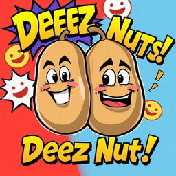 A humorous and playful caricature featuring a pair of oversized cartoonish nuts with faces, conveying a cheeky and mischievous expression