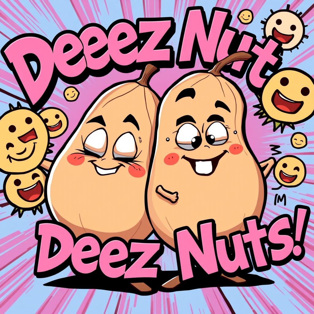 A humorous and playful caricature featuring a pair of oversized cartoonish nuts with faces, conveying a cheeky and mischievous expression