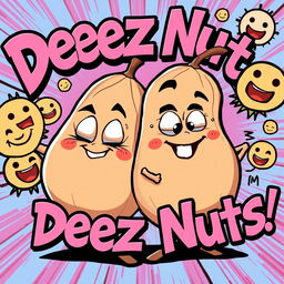 A humorous and playful caricature featuring a pair of oversized cartoonish nuts with faces, conveying a cheeky and mischievous expression