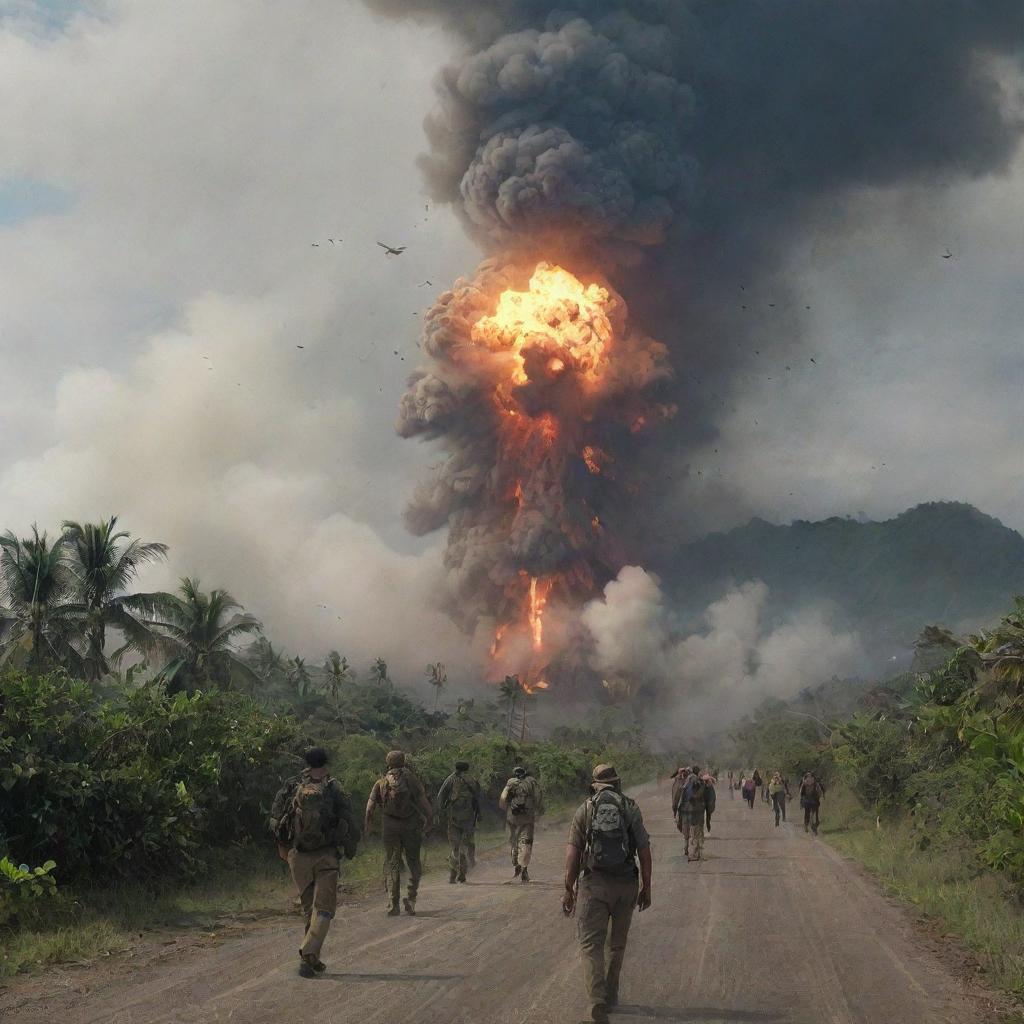 An earthquake shakes the island to its core, compelling the marooned visitors and government officials to board a military plane in a desperate bid to escape. Amid the earth-shaking tremors and echoing roars of panicking dinosaurs, the last of humankind departs from the disaster-stricken island.