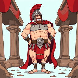 A humorous and exaggerated illustration of a large, muscular Spartan warrior with a comically oversized lower body, emphasizing the phrase 'big pp'