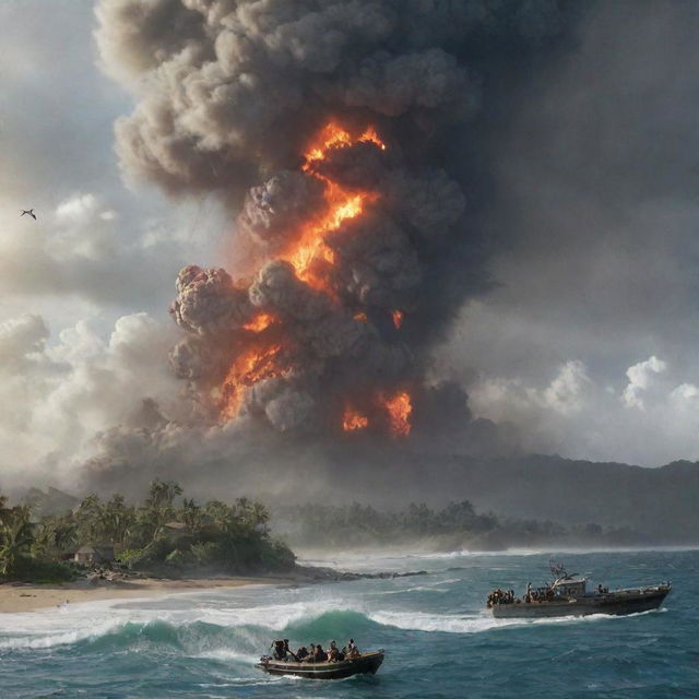 An earthquake shakes the island to its core, compelling the marooned visitors and government officials to board a military plane in a desperate bid to escape. Amid the earth-shaking tremors and echoing roars of panicking dinosaurs, the last of humankind departs from the disaster-stricken island.