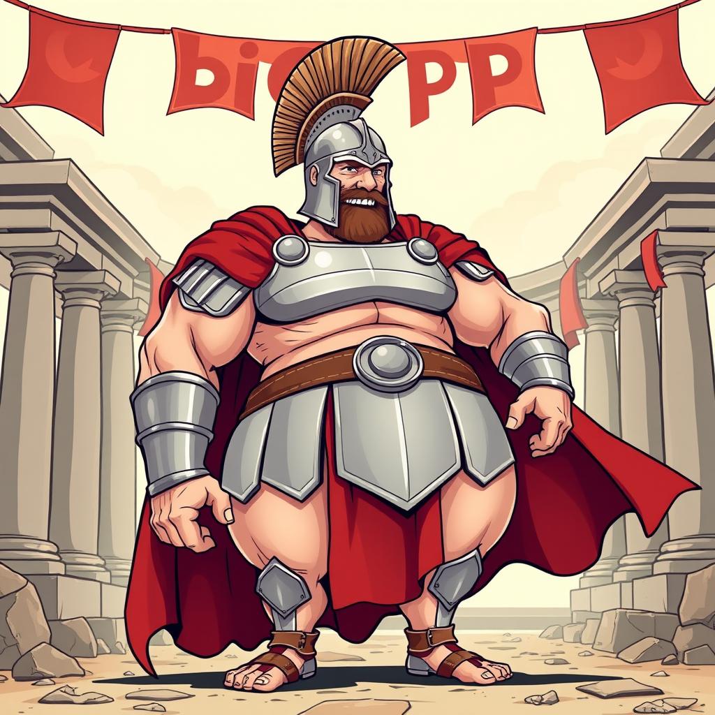 A humorous and exaggerated illustration of a large, muscular Spartan warrior with a comically oversized lower body, emphasizing the phrase 'big pp'