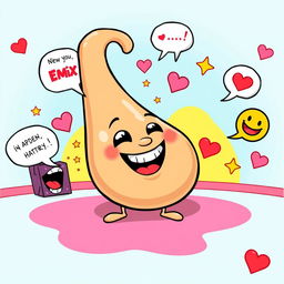 A humorous and exaggerated cartoon-style illustration featuring an oversized cartoon penis with a playful face, surrounded by comical speech bubbles and emojis