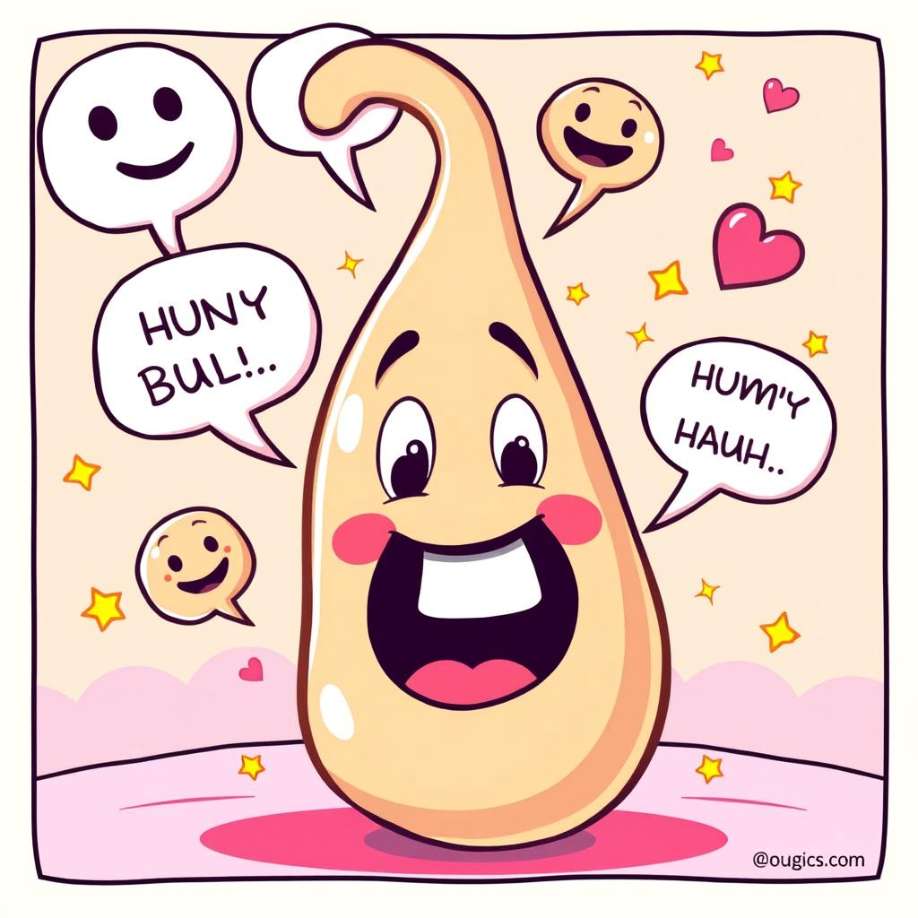 A humorous and exaggerated cartoon-style illustration featuring an oversized cartoon penis with a playful face, surrounded by comical speech bubbles and emojis