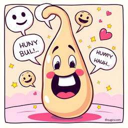 A humorous and exaggerated cartoon-style illustration featuring an oversized cartoon penis with a playful face, surrounded by comical speech bubbles and emojis