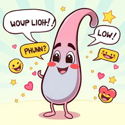 A humorous and exaggerated cartoon-style illustration featuring an oversized cartoon penis with a playful face, surrounded by comical speech bubbles and emojis