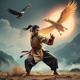 A skilled adult Malaysian martial artist, dressed in traditional silat attire, valiantly showcasing his skills in a mystical landscape