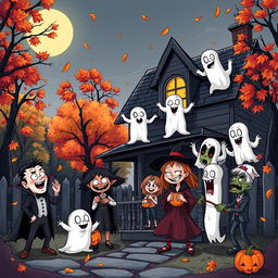 A spooky and comedic Halloween-themed illustration depicting a haunted house with playful ghosts and mischievous monsters having fun